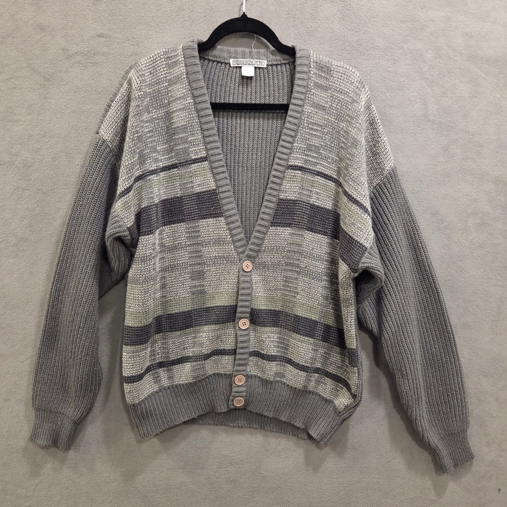 Unionbay Striped V-Neck Cardigan Sweater Mens Large‎ Vintage 90s Grunge Grandpa